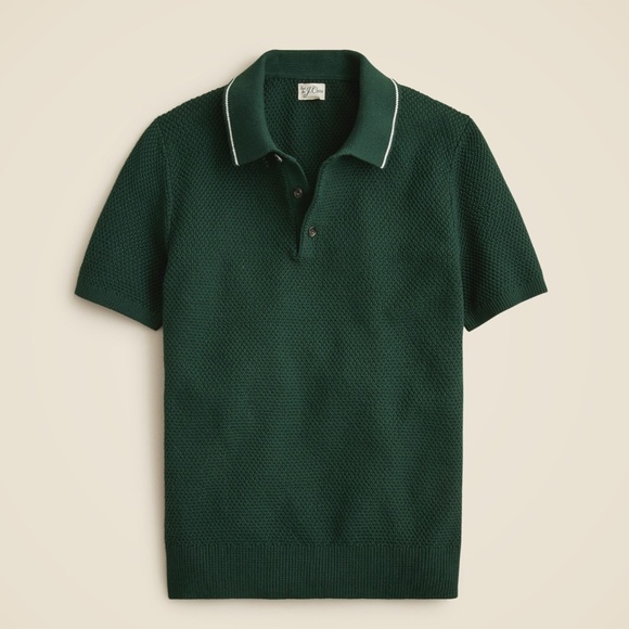New JCREW Size L Short Sleeve Cotton Seed-Stitch Sweater Polo Darkest Dark Green - Picture 1 of 4